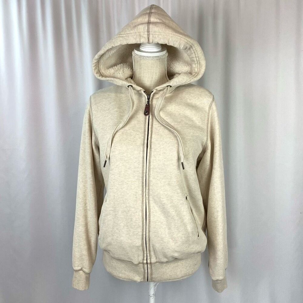 Green Tea Sweatshirt Zip-up Cream Jacket Lined Faux Fur Hooded Women’s Medium Co - Picture 1 of 10